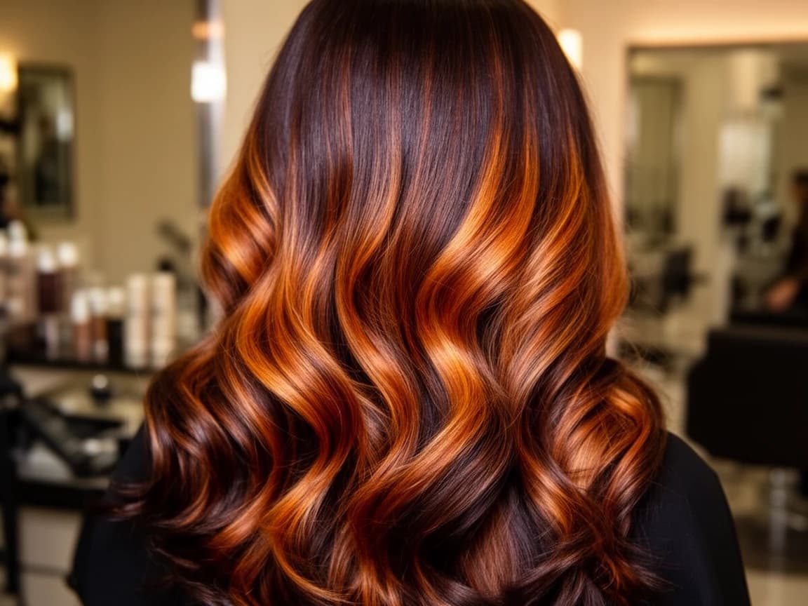 Deep Autumn balayage showing rich copper highlights on dark base