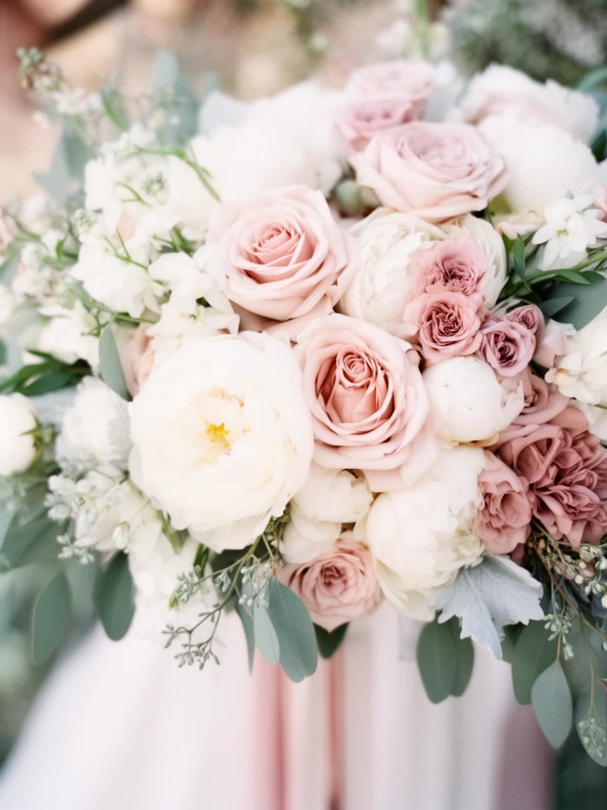 Pink wedding color palette with blush roses and elegant floral arrangements