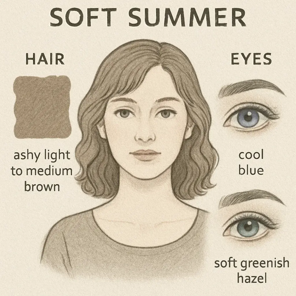 Soft summer color palette swatches: dusty rose, soft teal, muted lavender for seasonal color analysis