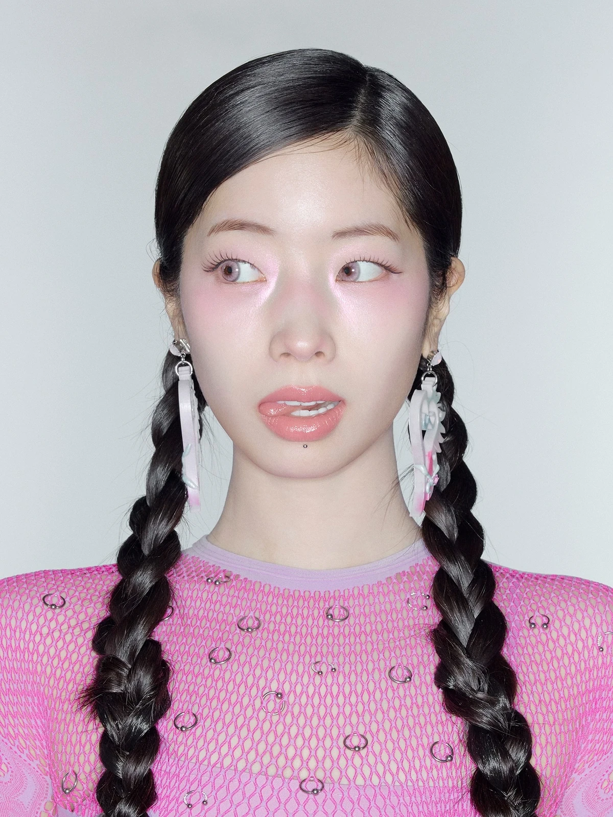 Editorial gallery of Dahyun (TWICE) styled in cool winter outfits featuring sapphire, amethyst, and inky neutrals, highlighting glacier blue, raspberry, graphite, arctic white, and ultra black.