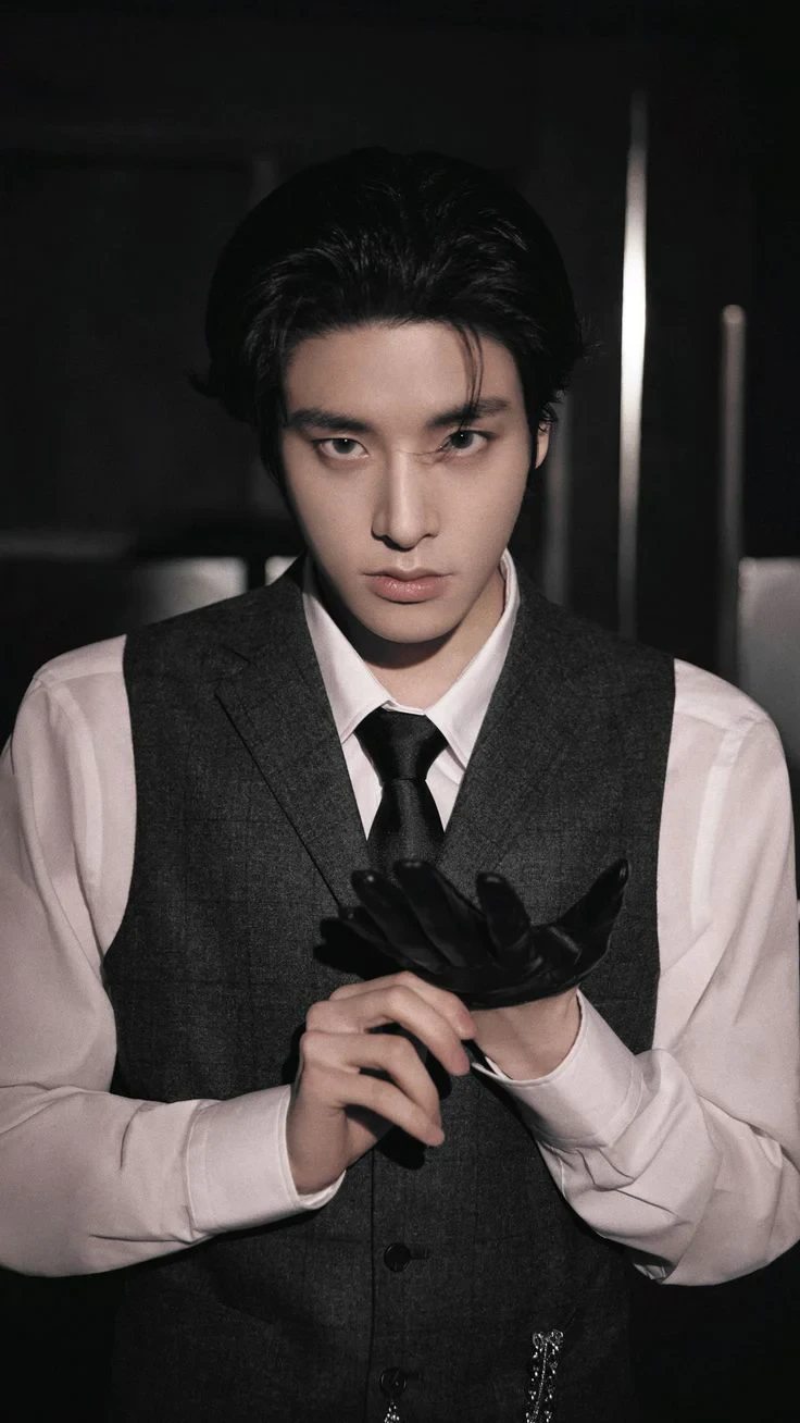 Editorial gallery of Jake (ENHYPEN) styled in cool winter outfits featuring sapphire, amethyst, and inky neutrals, highlighting glacier blue, raspberry, graphite, arctic white, and ultra black.