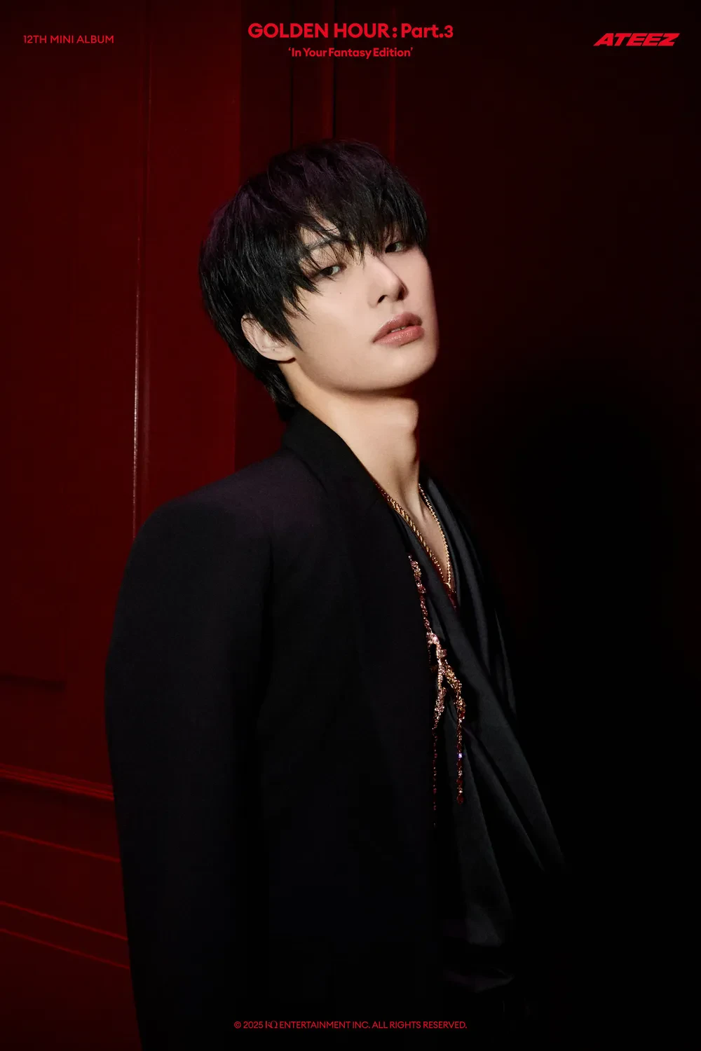 Mingi (ATEEZ) wearing balanced jewel-toned looks with cool neutrals, showcasing steel blue, cranberry, optic white, graphite, and imperial purple from the Neutral Winter palette.