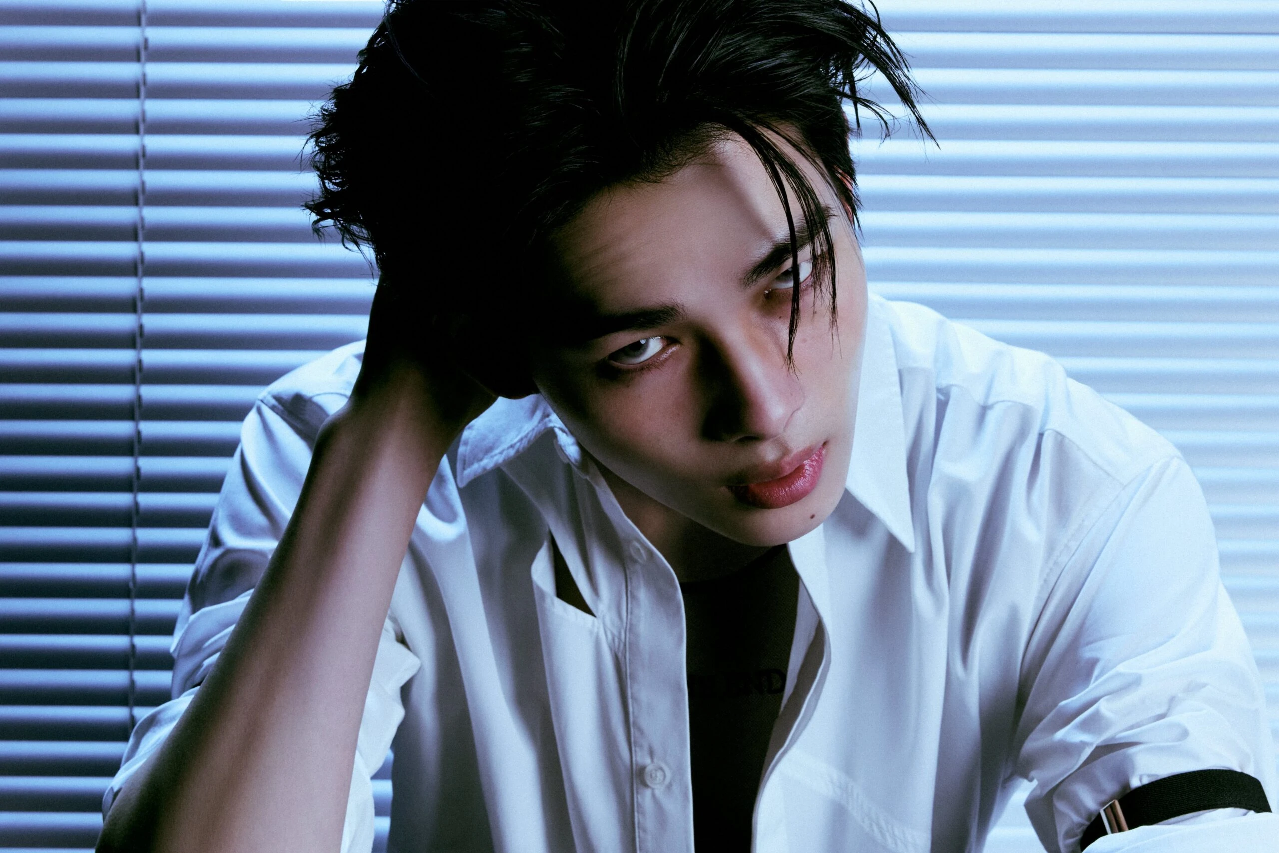 Editorial gallery of Ni-ki (ENHYPEN) styled in deep winter looks featuring sapphire, garnet, and chrome accents, highlighting midnight navy, crimson, amethyst, gunmetal, and snow white.