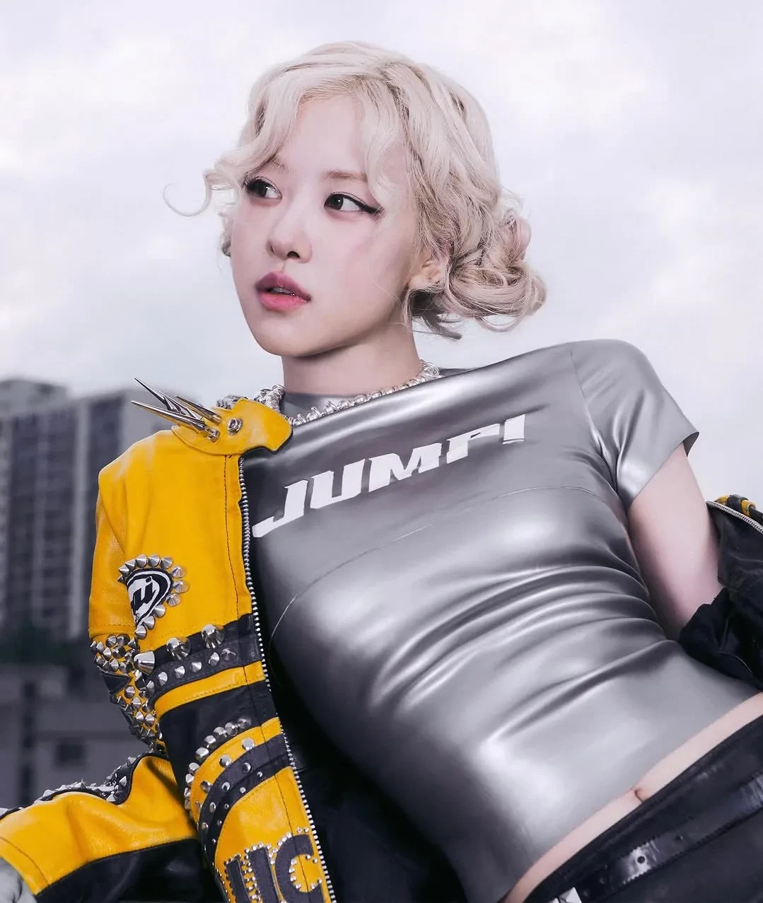 Editorial gallery of Rosé (BLACKPINK) styled in misty blue and lavender ensembles accented with silver sparkle, highlighting silver, icy pink, slate, periwinkle, and midnight blue.